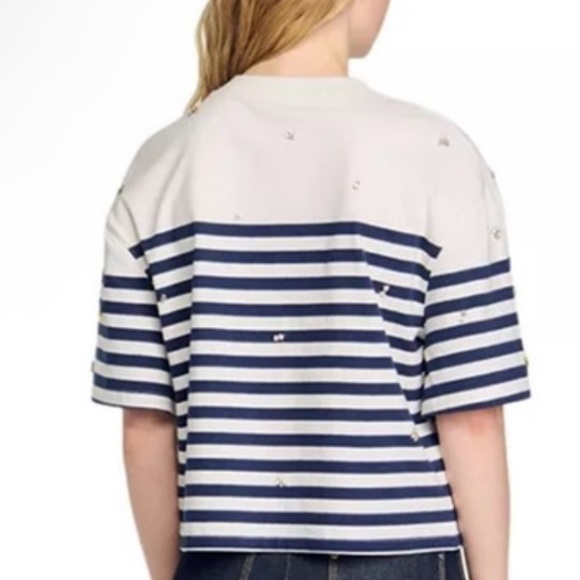 NEW NWT Sandro Sailor Strauss Striped Tee White and Blue with stones size M - Picture 5 of 5